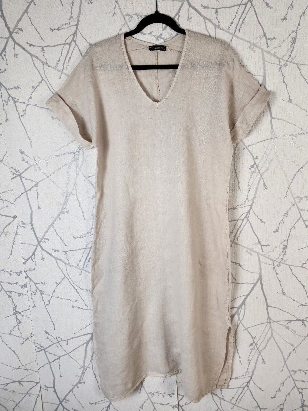 Francesca Bettini Oatmeal 100% Linen V-Neck Midi Shirt Dress